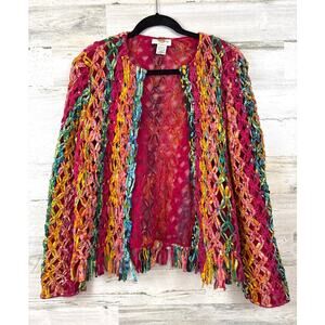 Vintage Sandy Starkman Womens M Colorful Macrame Fringe Cropped Shacket Blazer